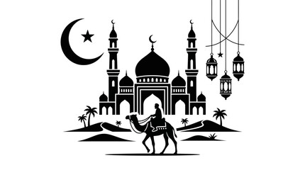 Islamic, Ramadan, Mosque, Camel Vector Illustration, Black and White isolated on White Background eps © MDBellal