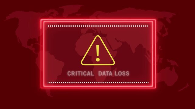 Digital alert for critical data loss with a glowing red neon frame and a yellow exclamation mark inside a triangle against a dark red world map background symbolizing global information security