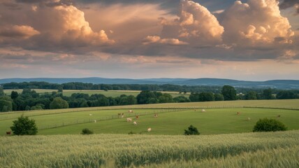 Fototapeta premium Picturesque green rolling hills under a dramatic sunset sky with clouds
