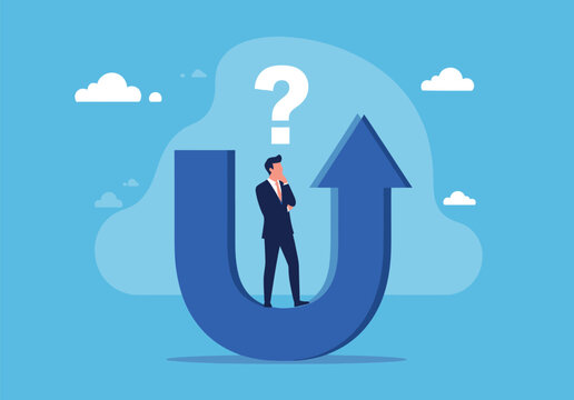 Confused businessman standing on upward arrow with question mark above head symbolizing uncertainty doubt and decision making process.