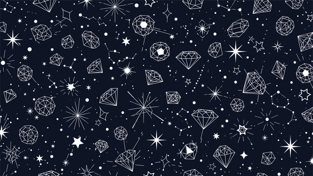Dark blue background with a white line pattern of diamonds, stars, and celestial constellations for a cosmic look.