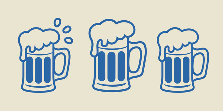 Set of three blue beer mugs with foam outline sketch vector illustration