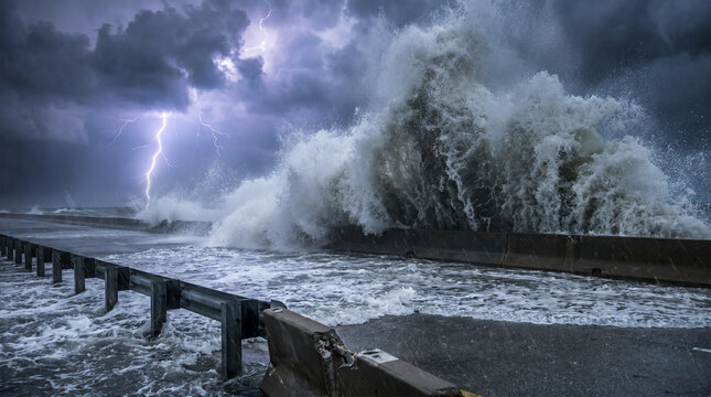 Powerful waves crashing on coastal road during storm and lightning  