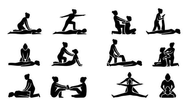 Thai Massage Position and Stretch Therapy Silhouette Icons Set