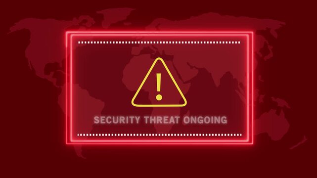 Digital alert for ongoing security threat with a glowing red neon frame and a yellow exclamation mark inside a triangle against a dark red world map background signifying continuous cyber danger