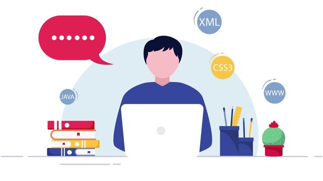 Professional Web Developer at Workspace with Programming Language Icons: Male Coder Working on Laptop with CSS3, HTML, and Java Concepts, Seamless Loop for IT and Software Engineering.