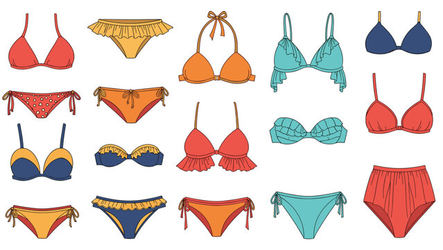 Assorted colorful bikini tops and bottoms in various styles including ruffles, ties, and high-waisted designs.