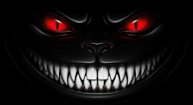 Creepy cheshire cat grin with glowing red eyes dark fantasy illustration