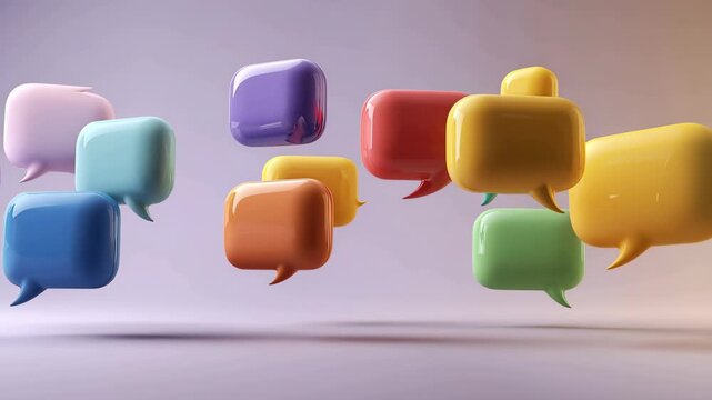 Floating speech bubbles in different colors animate the area with dynamic shapes, illustrating communication and conversation in a lively way.