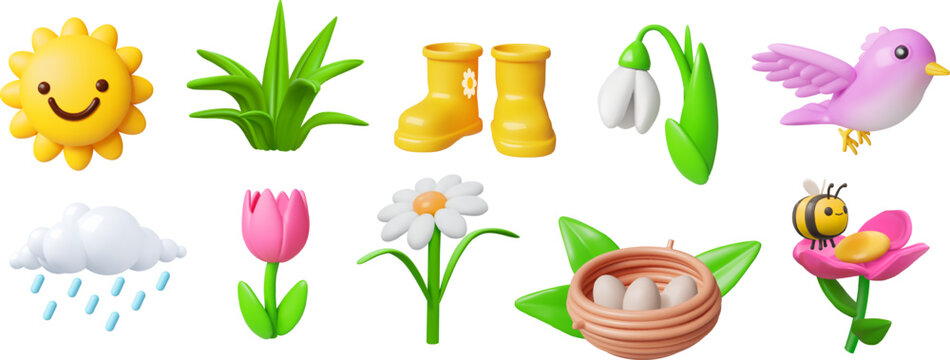 3d spring icons. Daisy flower, cute bird and sun plant render, season grass. Easter garden leaf, garden nature cloud sky. Nest with eggs. Rainy weather. Vector cartoon isolated illustration