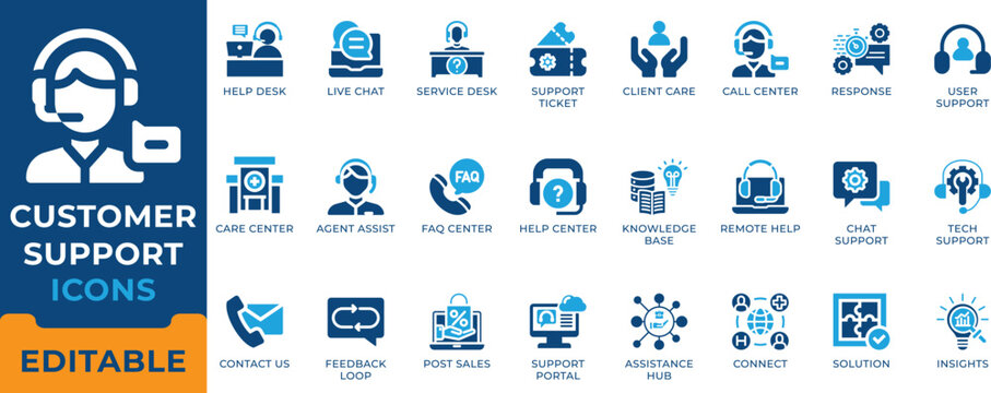 Customer support and help desk icon set. Call center agent, live chat, tech support, FAQ, client care, feedback loop, support ticket and remote help vector symbols.