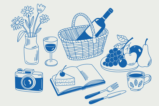 Picnic elements illustration with flowers, wine, fruit, and book isolated on white background outline sketch vector illustration