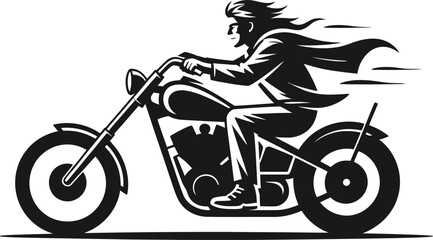 A fast motorcycle rider silhouette riding a chopper bike with wind effect icon logo illustration for print isolated on white background © Creative Juel 