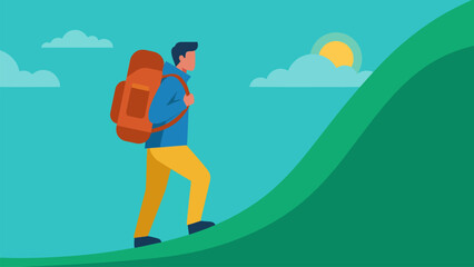 Modern flat vector illustration of a traveler carrying a backpack walking uphill. Perfect for trekking and adventure themes. © Tamar