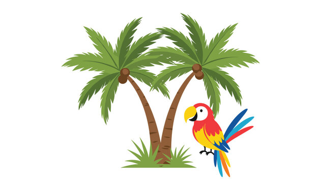 Tropical scene includes two tall palm trees and a bright red parrot perched nearby as a vibrant illustration of exotic nature and wildlife.