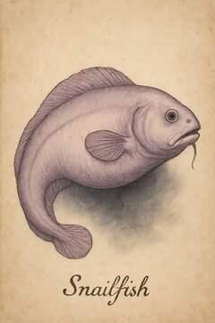Vintage hand drawn portrait of a deep sea snailfish on aged paper background