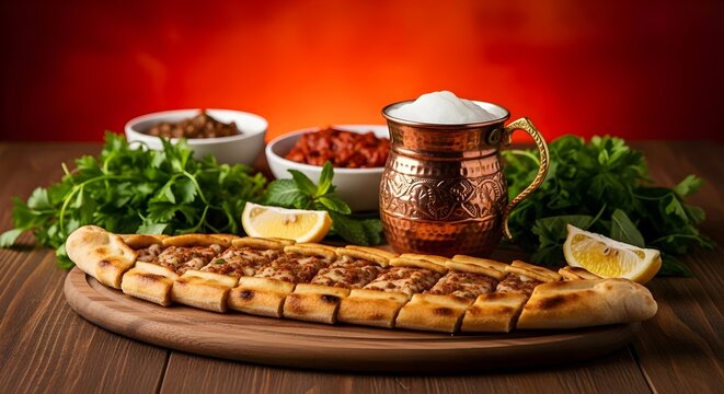 Turkish food, Turkish pide, Turkish pizza, with minced meat, ayran and vegetables, traditional oval flatbread red background