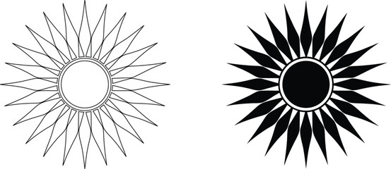 Sun vector set black and outline, sunny day symbol, astronomy solar celestial star. © pankajkumar