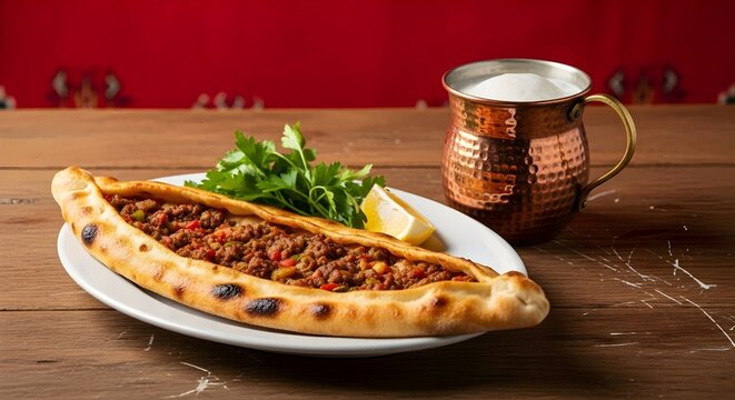 Turkish food, Turkish pide, Turkish pizza, with minced meat, and ayran, traditional oval flatbread red background