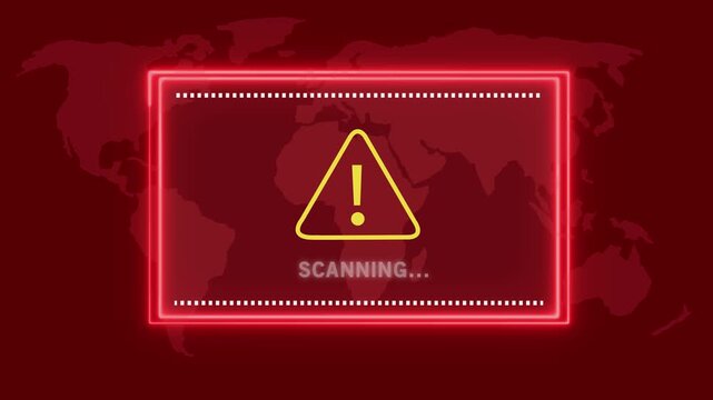 A vivid red neon rectangular border with internal and external dashed white lines, enclosing a yellow alert triangle with an exclamation mark and the word SCANING... in white lettering