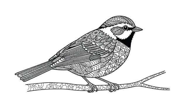 Zentangle bird drawing features intricate patterns and textures on a bird perched on a branch for stress-relieving coloring projects.