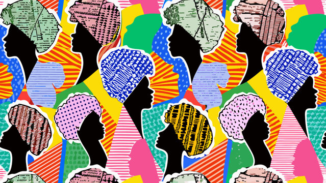 colorful pattern featuring silhouettes of people with patterned headwraps and diverse hairstyles