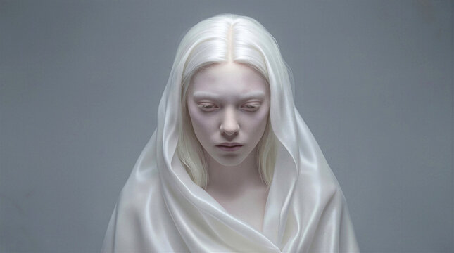 Albino woman with long white hair wearing silk veil. Ethereal portrait of young female looking down with sad expression against gray background.
