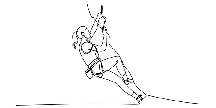 Continuous single line drawing of a woman rock climber wearing a harness and using climbing gear to ascend a steep mountain wall for sport Vector, illustration