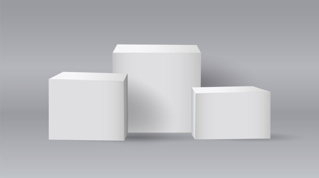 3D cubes stand. White empty platform composition. Geometric shapes for product presentation. Minimal pedestal basic figures with shadow. Blank simple blocks. Vector illustration