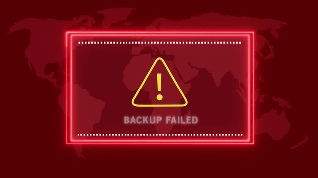 A striking red neon rectangular outline with dotted white lines on its interior and exterior edges, containing a yellow triangular alert symbol with an exclamation mark and the text BACKUPFA