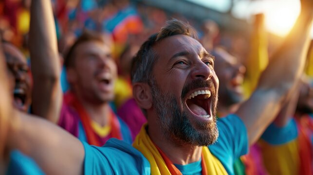 Excited football supporters from diverse countries cheering in stadium