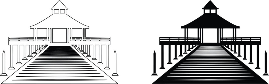 Beach gazebo and pier outline and filled shape vector illustration for summer vacation designs.