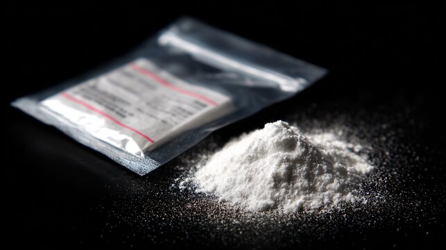 Close-up of white powdered substance spilled from clear plastic evidence bag on black surface