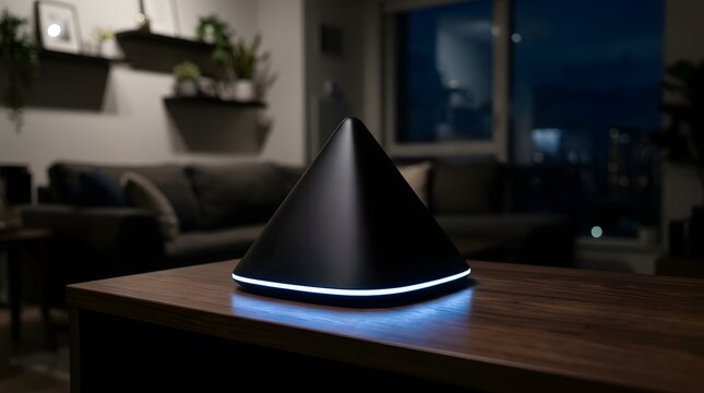 A sleek black speaker with blue light sits on a wooden table in a modern living room at night