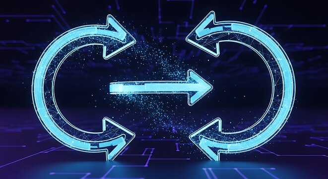 Glowing blue arrows in circular motion isolated on abstract background