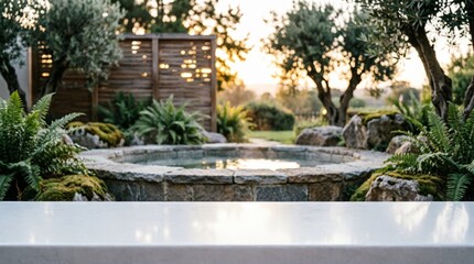 Fototapeta premium Stone Garden Pond with Ferns and Olive Trees at Sunset for Outdoor Design