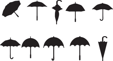 A black set of seamless vector illustrations featuring open umbrellas and parasols for rain protection and summer beach weather design. © Shadikul