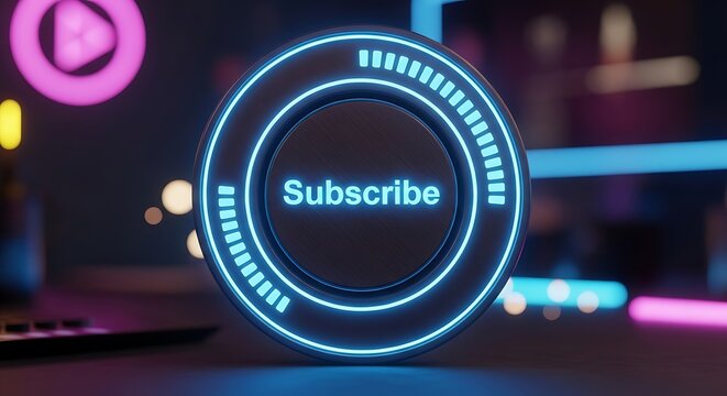 Glowing neon subscribe button on dark background with neon lights