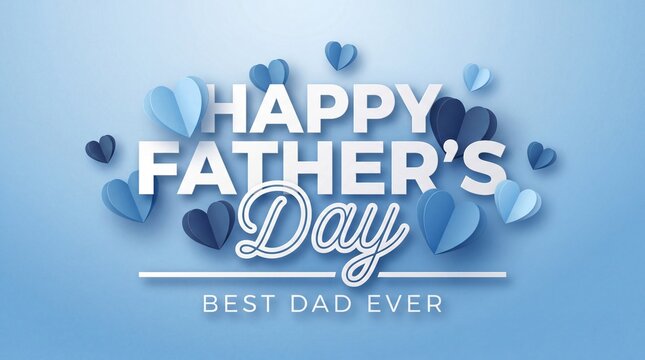 Happy Father's Day Best Dad Ever Greeting with 3D Paper Cut Hearts on Blue Background, High Quality 4K