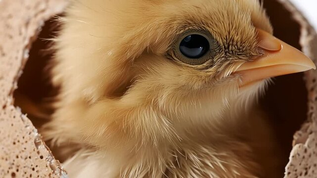 Closeup of a yellow chick emerging from a broken eggshell