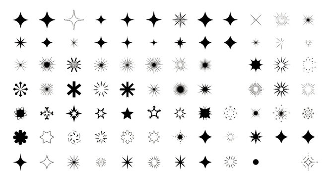 Various starburst shapes and symbols arranged on a plain white background