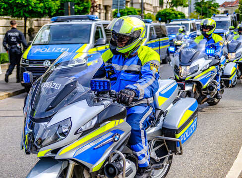 Munich, Germany - September 13: typical german police vehicle at the old town in Munich on September 13, 2025