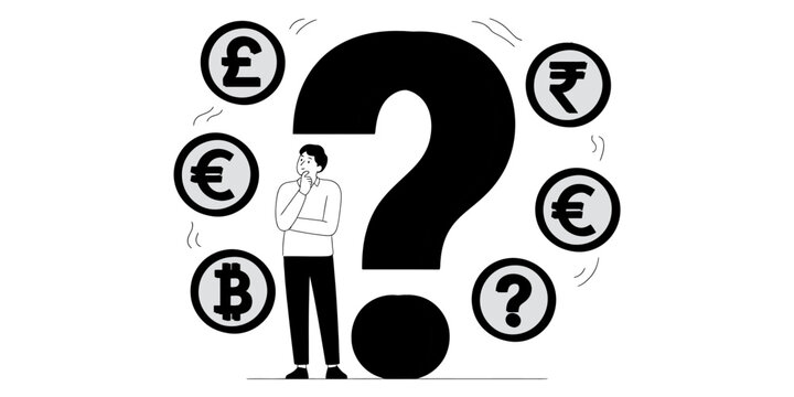 A thoughtful man standing next to a giant question mark surrounded by various global currency symbols like pound euro and bitcoin in a line art style Vector, illustration