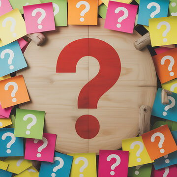 A large red question mark on a wooden board surrounded by colorful sticky notes with question marks hhh (111).png