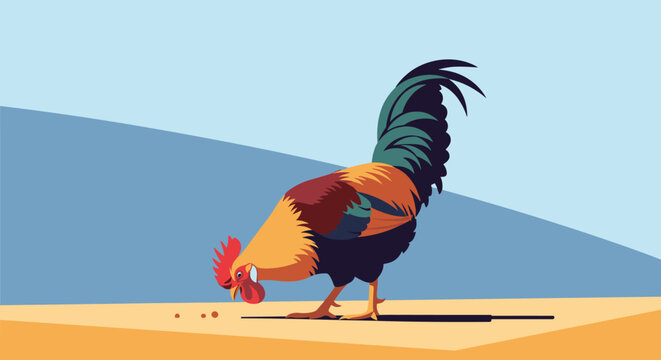 Colorful rooster pecking at grains on a flat surface against a stylized sky background, showing detailed feathers and a bright red comb.