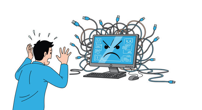 Stressed man panicking as his computer screen shows an angry face and is surrounded by a chaotic tangle of many blue and grey power cables.