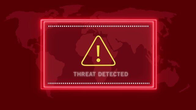 A vivid neon red rectangular frame with dashed inner and outer borders surrounds a yellow triangular danger symbol with an exclamation mark and the text THREATDETECTED below it, all