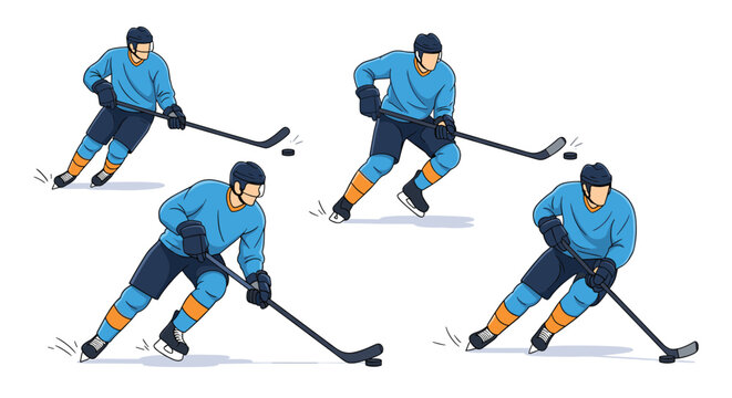 Four ice hockey players shown in various action poses with sticks and pucks on a clean white background for sports and competition graphics.