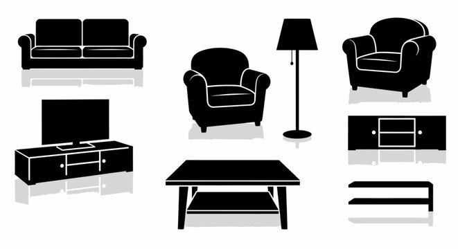 Modern living room furniture set in black silhouette including sofa armchairs coffee table tv stand and lamp on white background with reflections