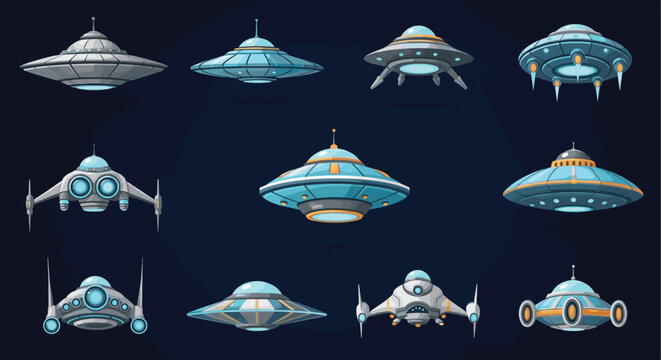 Fantastic collection of various alien spacecraft and ufo designs in different shapes for science fiction concepts.